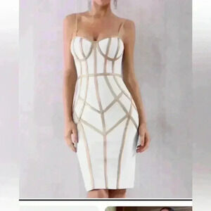 Unbranded White & Gold Bandage, spaghetti straps cocktail dress.  #153